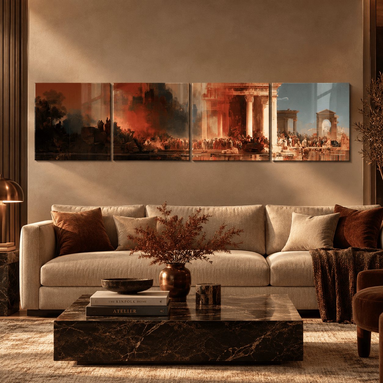 Historical forum 4-piece glass wall art above a beige sofa in a warm living room